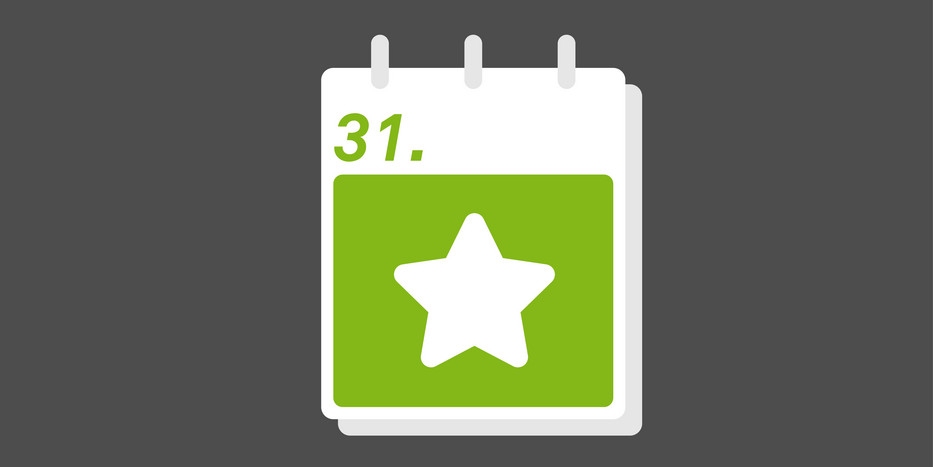 Icon eines grünen Kalenderblatts mit einem Stern, Hintergrund anthrazit